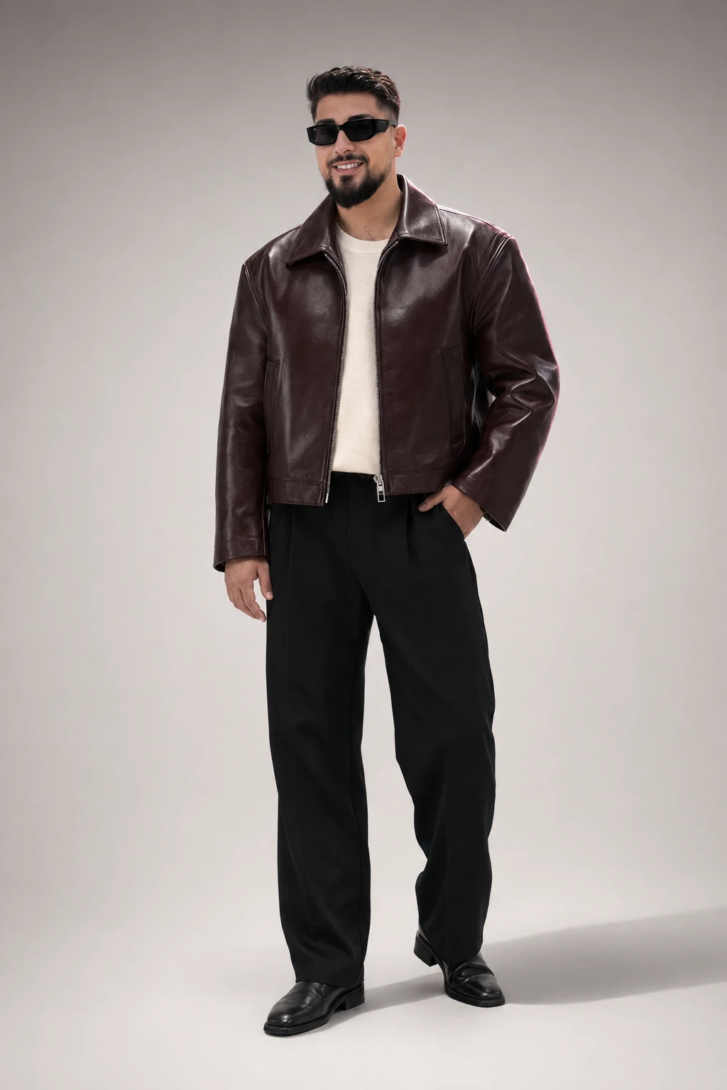 Digital editorial portrait of Patrick in a leather jacket