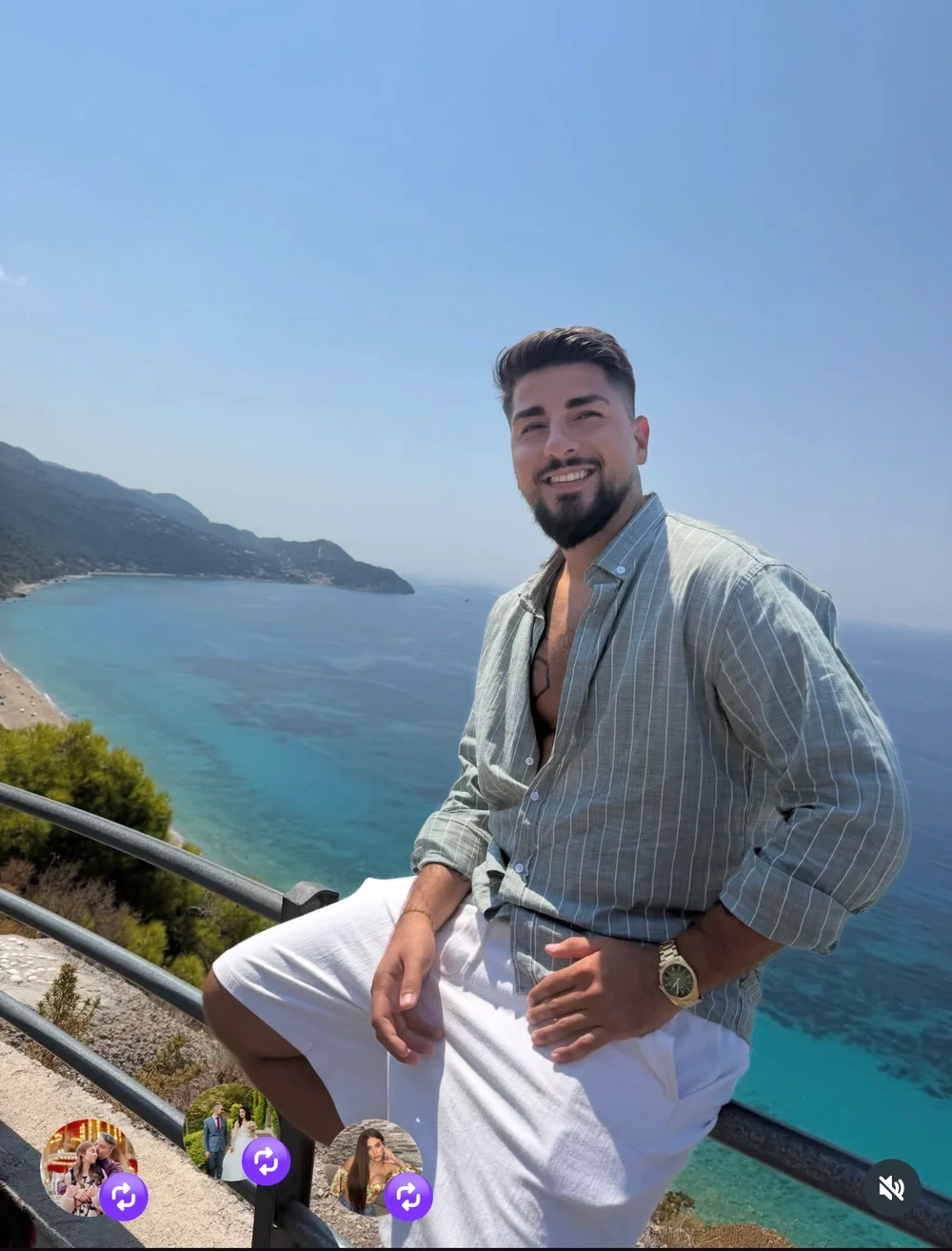 Patrick above a turquoise coastline in a striped shirt